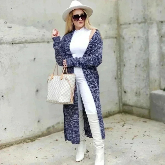 Long Navy Blue Knit Cardigan - Picture 2 of 7